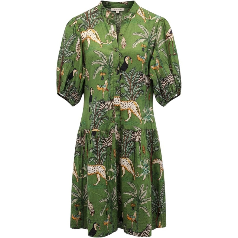 Fox & Hen Midi Dress Green Jungle Animal Print Tiered Safari Tag XL (Runs Sm)